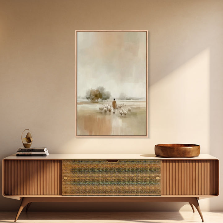 Quiet Field Shepherd, Framed Canvas Print, Christian Wall Art, Christian Art Canvas, Pastoral Scenery, Minimalist Christian Art
