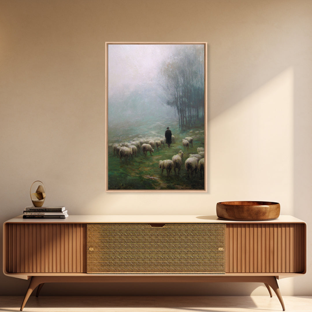 Misty Shepherd Field – Framed Canvas Print – Christian Art Canvas – Christian Wall Art – Pastoral Scenery – Moody Christian Art