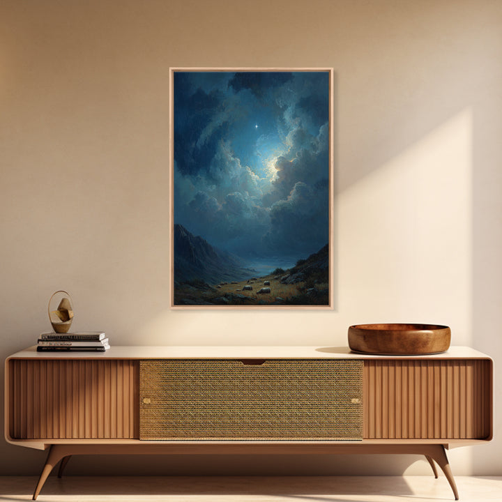Night Star Valley – Framed Canvas Print – Christian Wall Art – Christmas Art – Christian Christmas Art – Christian Art Canvas