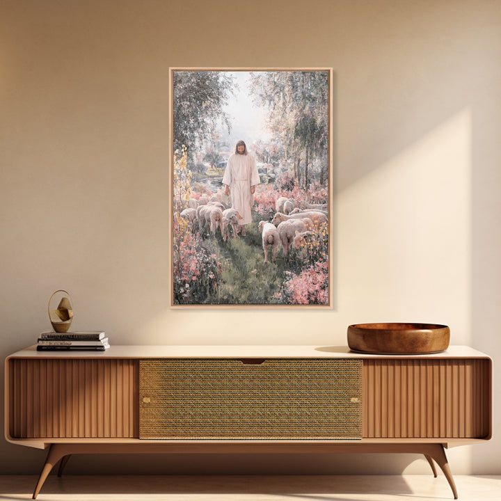 Shepherd In Bloom – Framed Canvas Print – Jesus Painting – Christian Art Canvas – Christian Wall Art – Christian Christmas Art – Christian