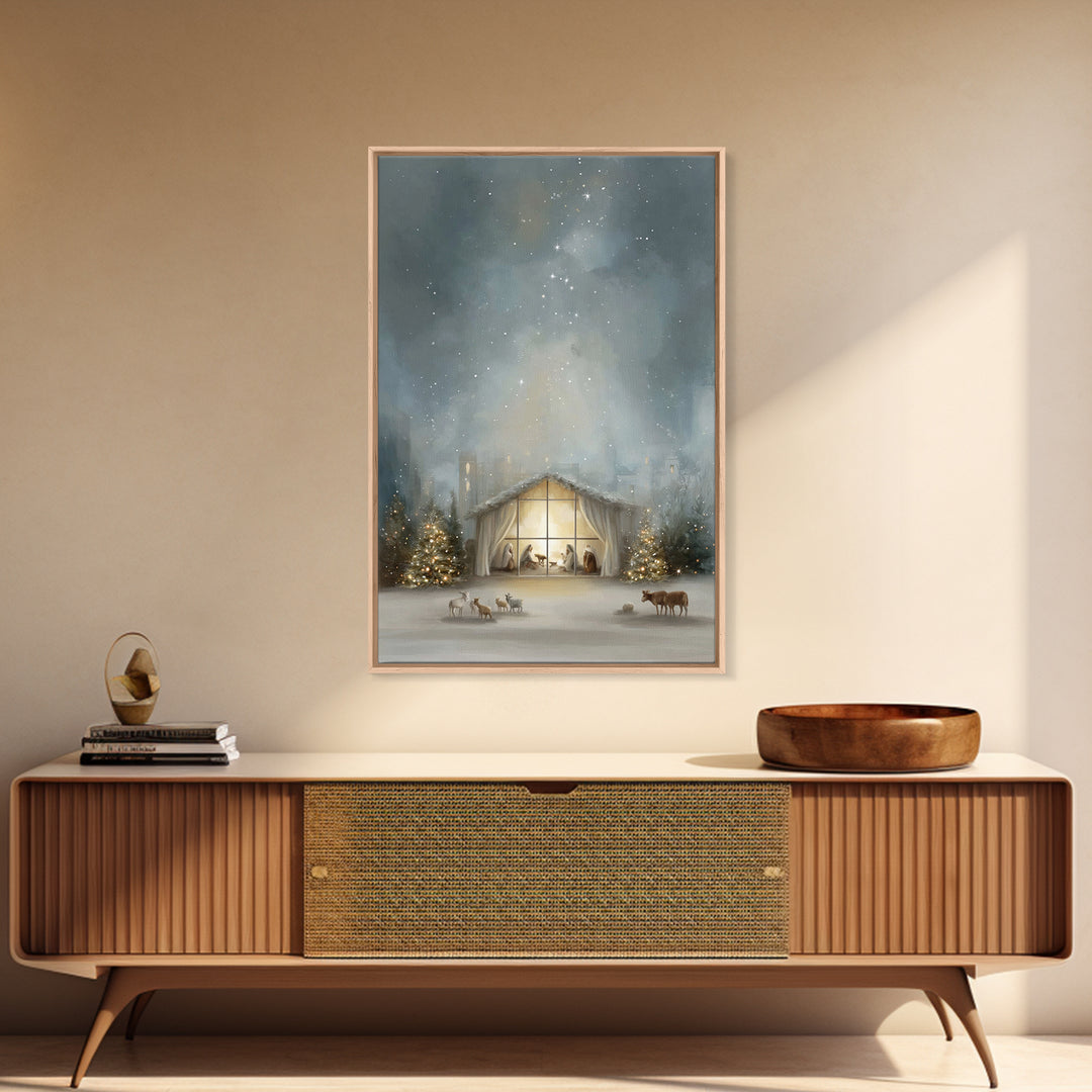 Starry Bethlehem Night – Framed Canvas Print – Christian Christmas Art – Christmas Wall Art – Modern Christmas Art – Christmas Art Prints –