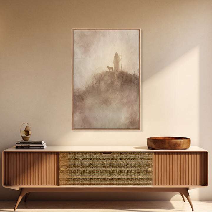 Silent Mist Journey – Framed Canvas Print – Jesus Painting – Christian Art Canvas – Christian Wall Art – Minimalist Christian Art