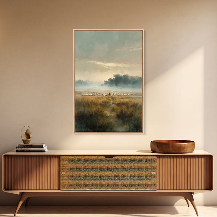 Morning Pasture – Framed Canvas Print – Christian Art Canvas – Christian Wall Art – Christian Painting – Subtle Christian Art – Pastoral Sc