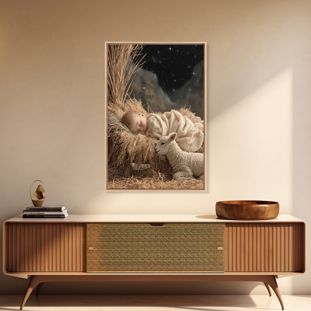 Starry Manger Peace – Framed Canvas Print – Christian Wall Art – Jesus Painting – Christmas Art – Christian Decor – Christian Gift Ideas