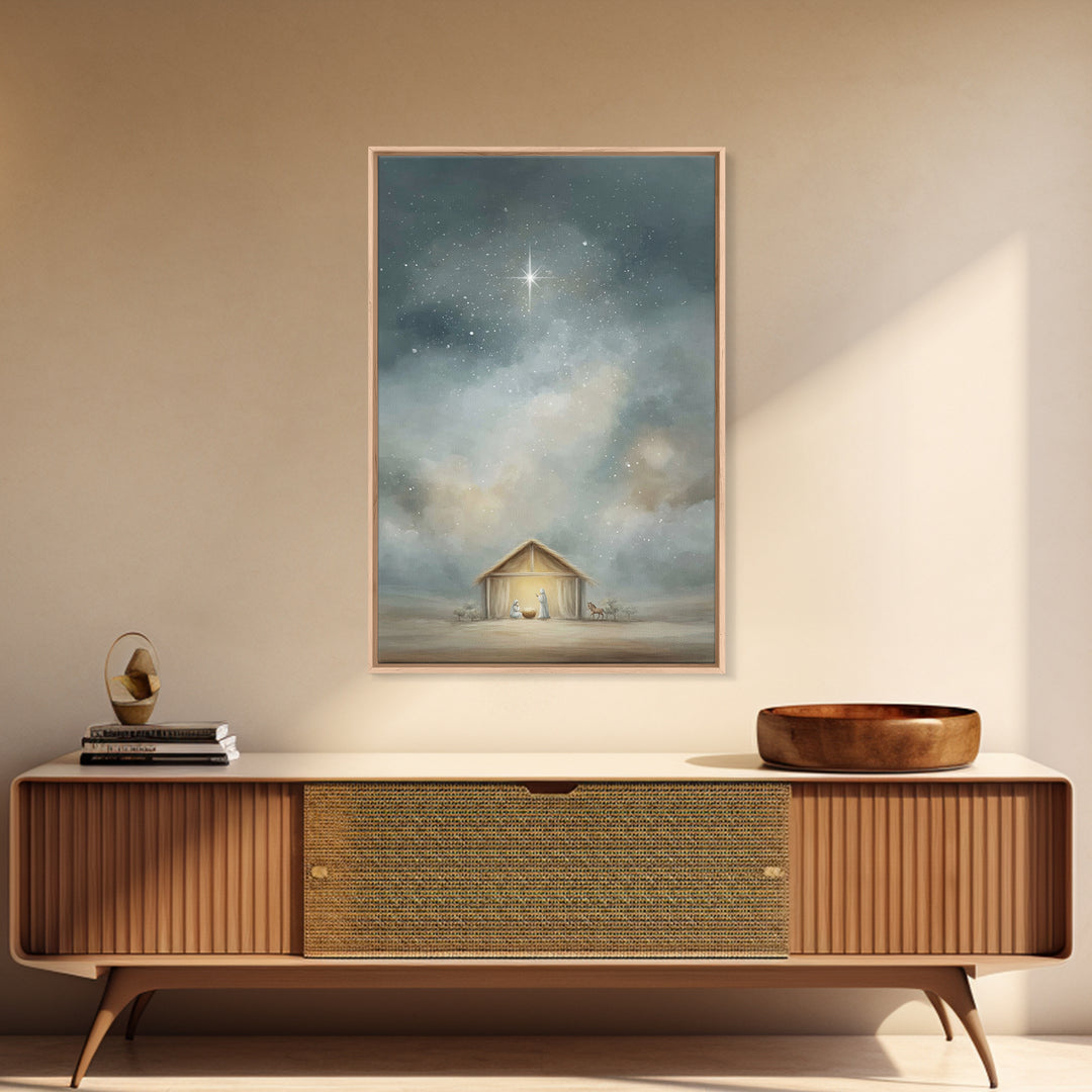 Holy Night Shelter – Framed Canvas Print – Christian Christmas Art – Christian Wall Art – Christmas Art Prints – Jesus Art Print – Christia
