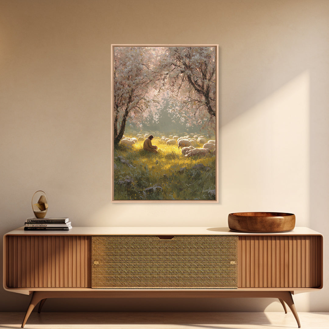 Golden Meadow Light | Framed Canvas Print | Christian Wall Art | Christian Art Canvas | Jesus Painting | Christian Home Decor