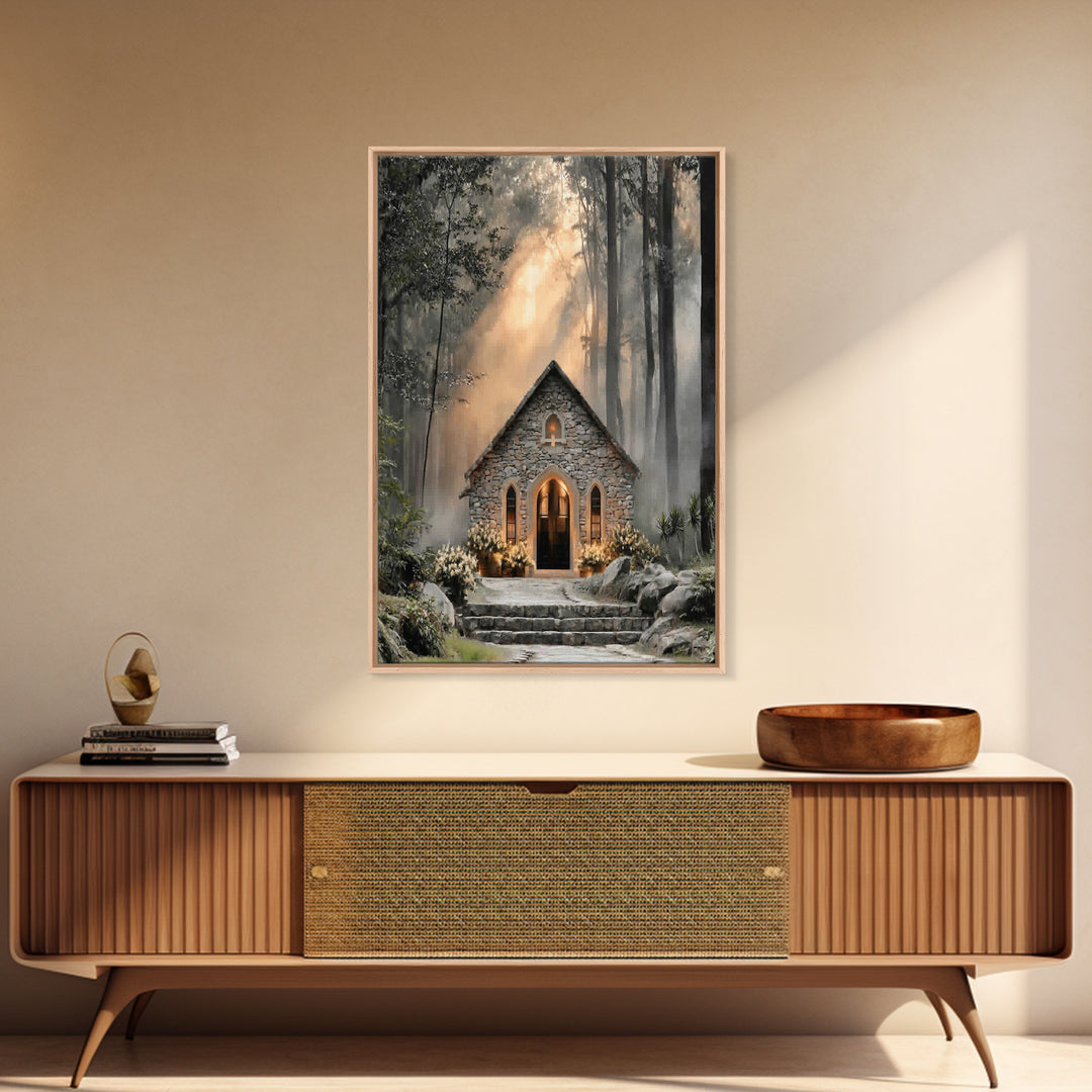 Stone Chapel Light – Framed Canvas Print – Christian Wall Art – Christian Art Canvas – Christian Decor – Moody Christian Art