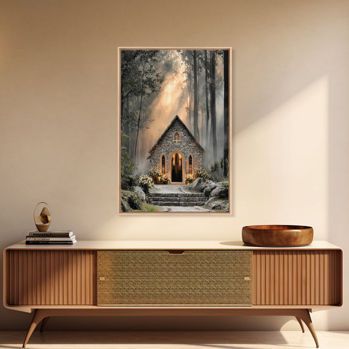 Stone Chapel Light – Framed Canvas Print – Christian Wall Art – Christian Art Canvas – Christian Decor – Moody Christian Art