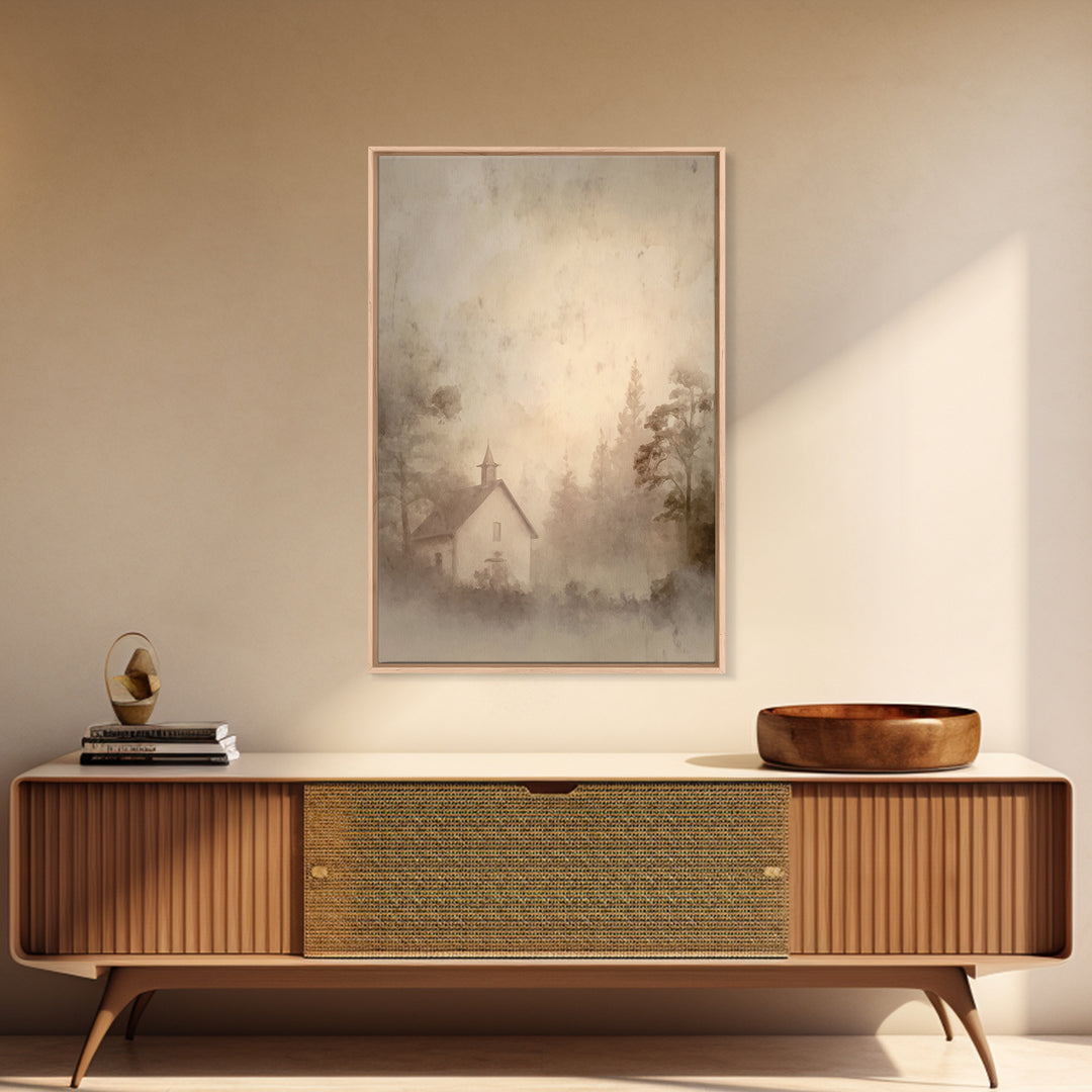 Misty Dawn Chapel – Framed Canvas Print – Christian Art Print – Christian Wall Art – Vintage Christian Art – Christian Christmas Art – Chri