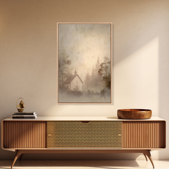 Misty Dawn Chapel – Framed Canvas Print – Christian Art Print – Christian Wall Art – Vintage Christian Art – Christian Christmas Art – Chri