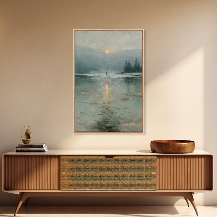 Silent Lake Dawn – Framed Canvas Print – Christian Art Print – Christian Wall Art – Vintage Christian Art – Blue Christian Art – Christian