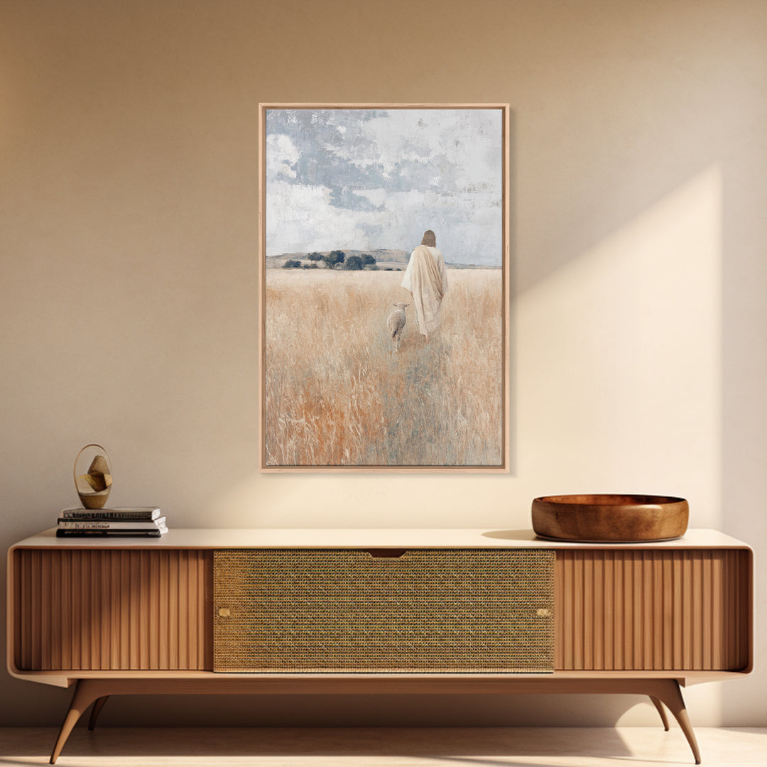 Golden Pasture Shepherd – Framed Canvas Print – Christian Art Canvas – Christian Wall Art – Jesus Painting – Christian Christmas Art – Chri