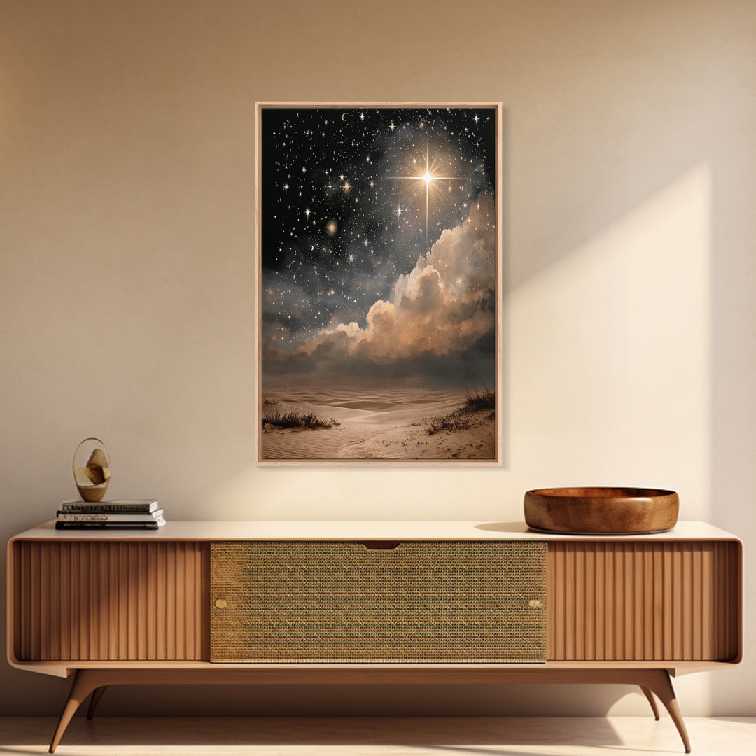 Celestial Desert Light | Framed Canvas Print | Christmas Wall Art | Christian Art Canvas | Christian Christmas Art | Moody Christmas Art |