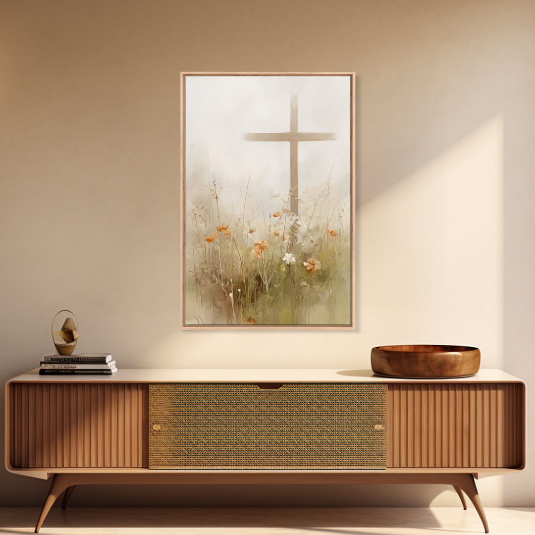 Gentle Crosslight – Framed Canvas Print – Christian Wall Art – Christian Art Canvas – Minimalist Christian Art – Christian Painting