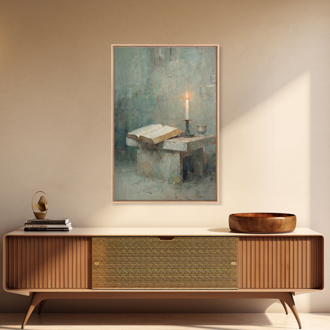 Quiet Candle Chapel – Framed Canvas Print – Christian Wall Art – Christian Painting – Subtle Christian Art – Christian Art Canvas – Vintage