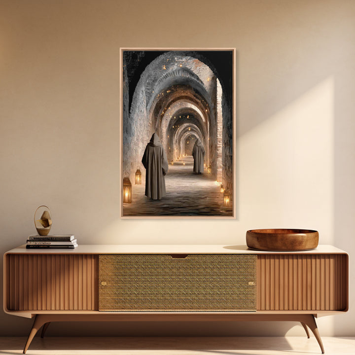 Monastic Pathway Glow – Framed Canvas Print – Christian Art Canvas – Christian Wall Art – Moody Christian Art – Christian Decor – Christmas