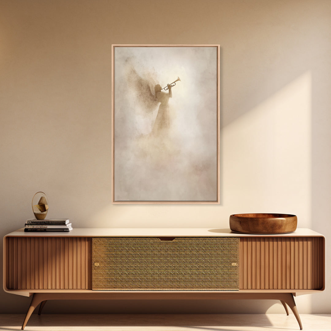 Trumpet In The Clouds – Framed Canvas Print – Christian Wall Art – Christian Art Canvas – Angel Art – Subtle Christian Art – Christian Deco