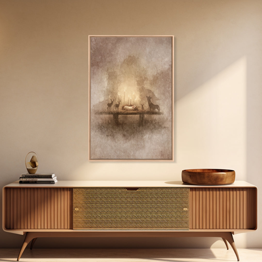 Heavenly Birth Glow – Framed Canvas Print – Christian Art Canvas – Christmas Art Prints – Jesus Christmas Art – Modern Christian Art – Chri