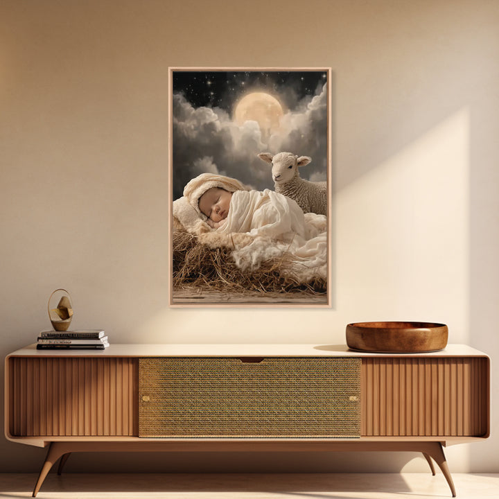 Holy Lamb Watch – Framed Canvas Print – Christian Christmas Art – Christian Art Print – Jesus Christmas Art – Christmas Wall Art – Modern C