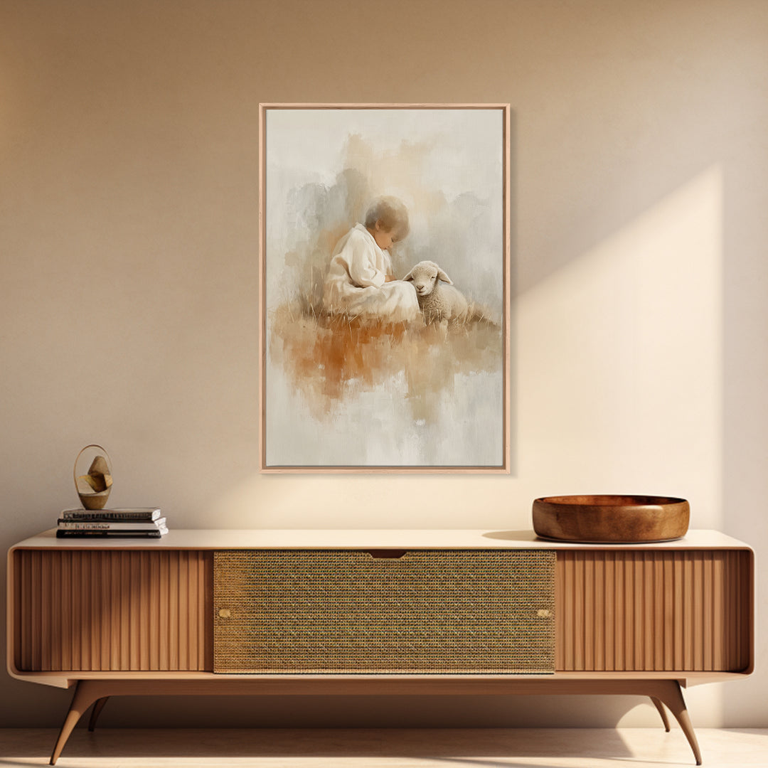 Gentle Shepherd Joy – Framed Canvas Print – Christian Art Print – Modern Christian Art – Christian Christmas Art – Jesus Painting – Christm
