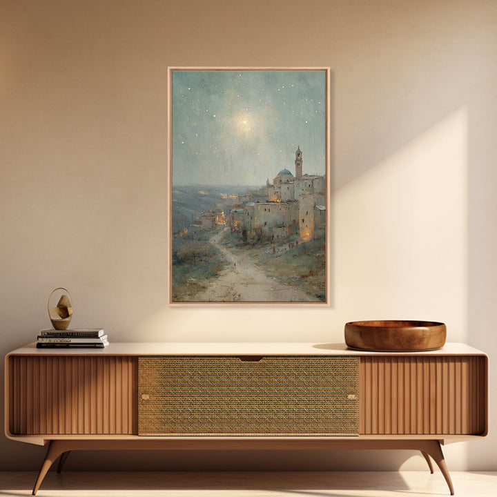 Bethlehem Nightfall, Framed Canvas Print, Christian Wall Art, Christmas Art Prints, Christian Art Canvas, Christian Christmas Art, Vintage