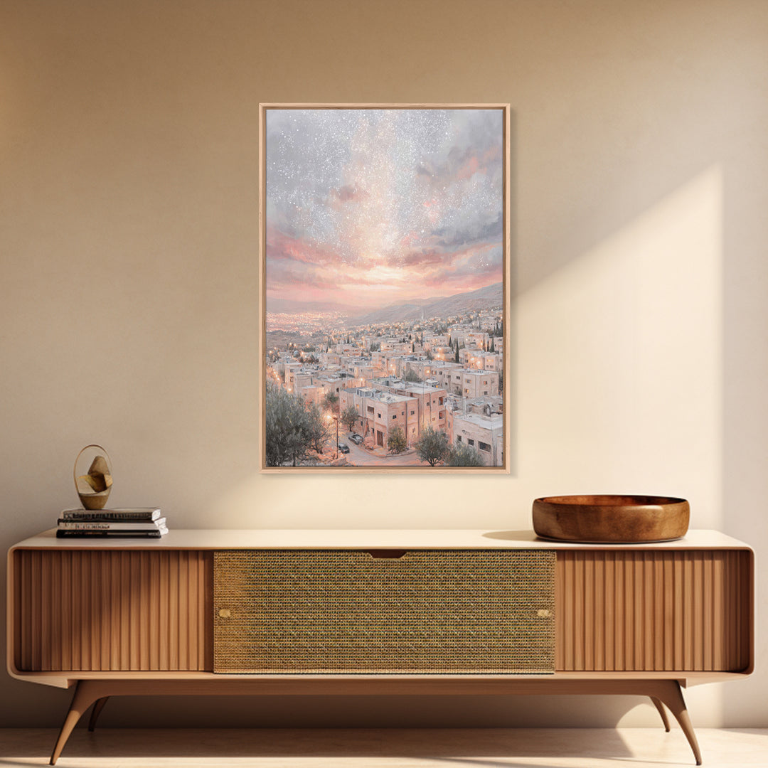 Dawn Over Bethlehem, Framed Canvas Print, Christmas Wall Art, Christian Art Print, Christian Christmas Art, Modern Christian Painting, Chri
