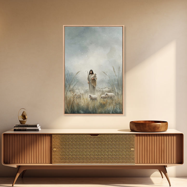Gentle Shepherd Light – Framed Canvas Print – Jesus Painting – Christian Art Print – Christian Decor – Christian Wall Art – Minimalist Chri