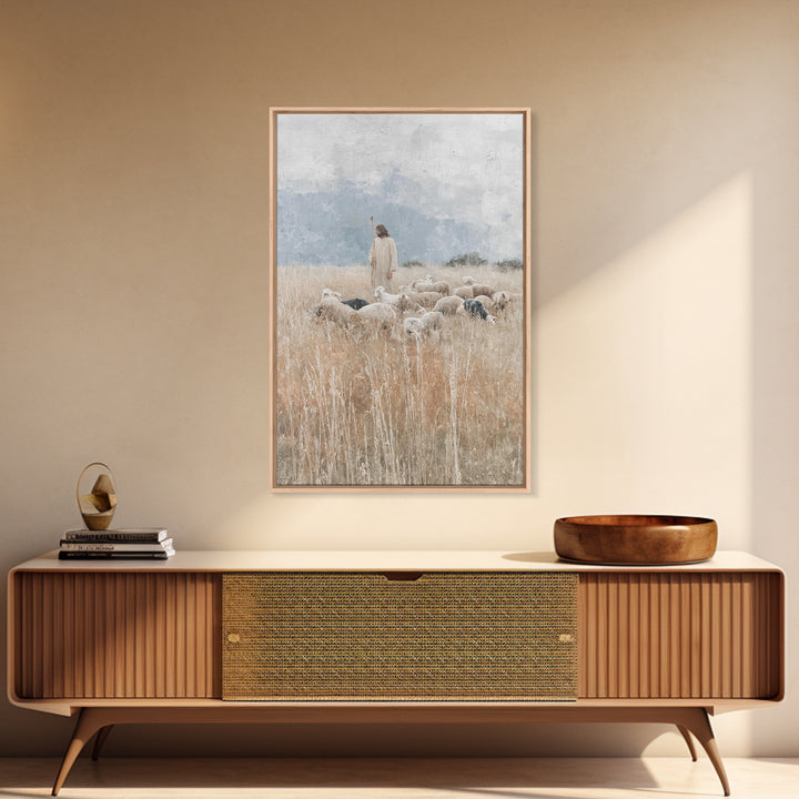 Quiet Meadow Shepherd – Framed Canvas Print – Christian Art Canvas – Jesus Painting – Christian Decor For Home – Large Christian Painting –