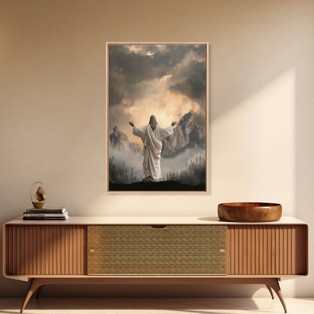 Mountain Prayer Light | Framed Canvas Print | Christian Art Canvas | Jesus Wall Art | Moody Christian Art | Large Christian Painting | Chri