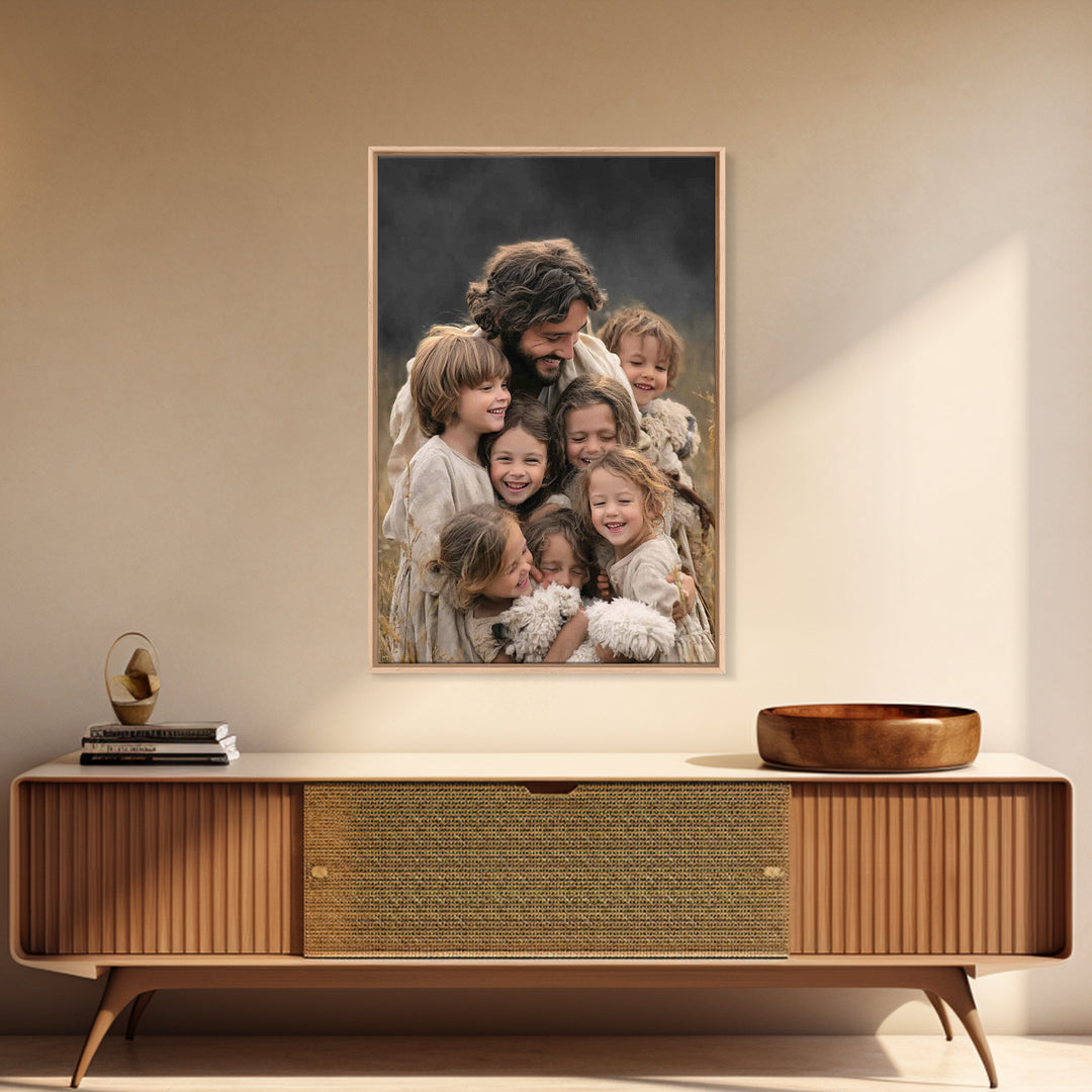 Laughter of the Lambs | Framed Canvas Print | Jesus Painting | Christian Art Canvas | Christian Wall Art | Christian Decor