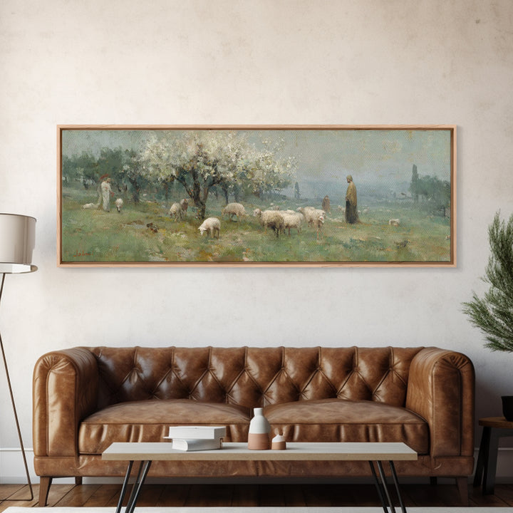 Shepherd Spring Peace – Framed Canvas Print – Christian Wall Art – Jesus Painting – Panoramic Art – Christian Art Canvas – Christmas Art