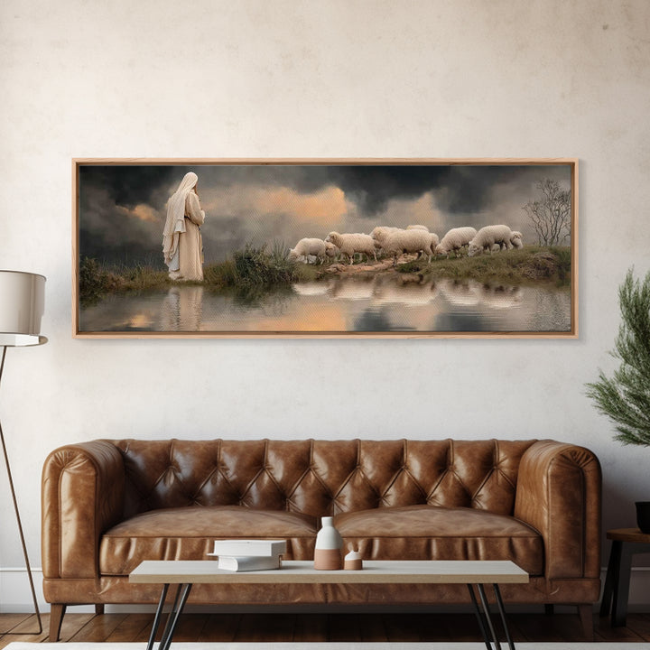 The Shepherd’s Calm – Framed Canvas Print – Christian Wall Art – Jesus Painting – Panoramic Art – Christian Christmas Art