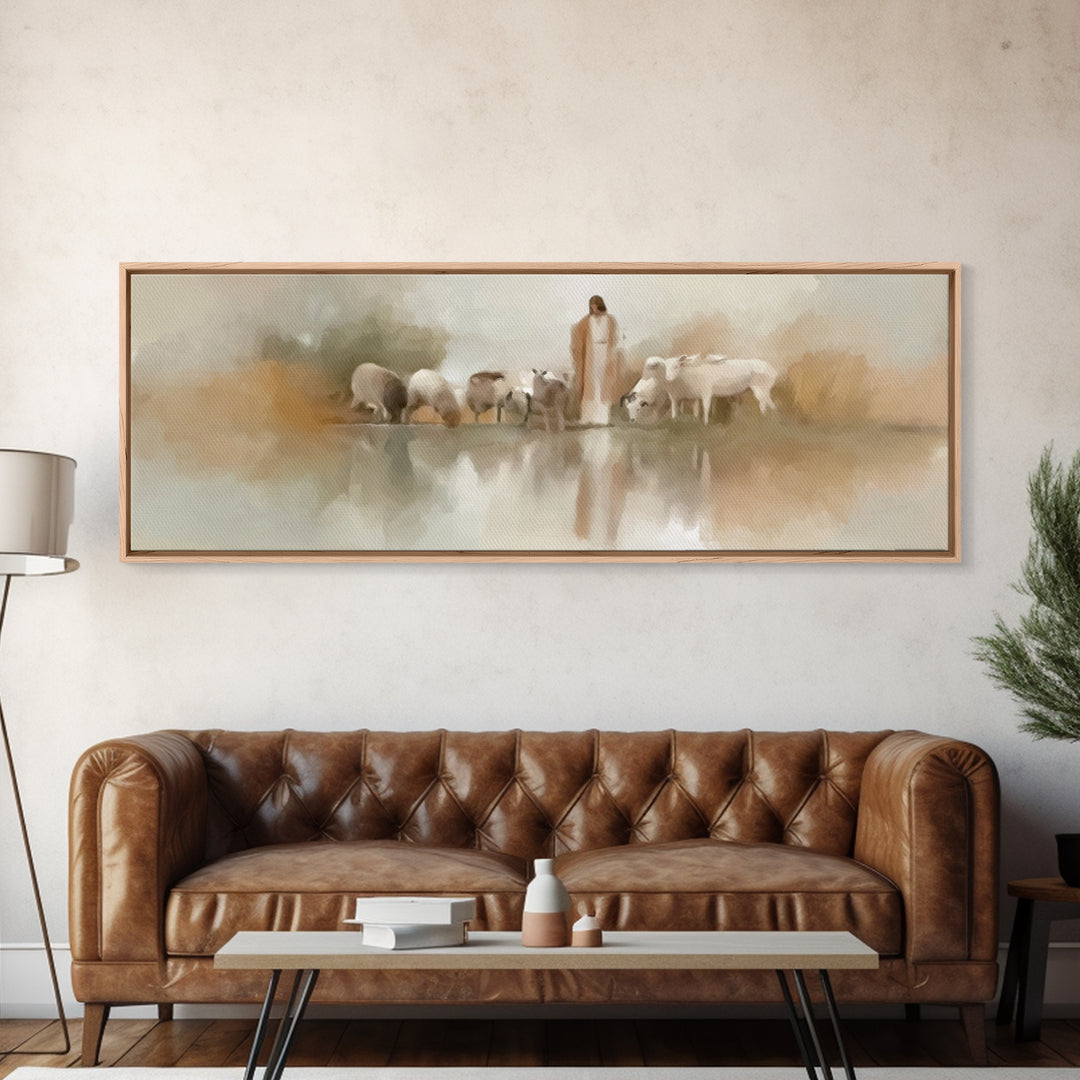 Gentle Pasture Light | Framed Canvas Print | Christian Wall Art | Panoramic Frame | Jesus Canvas Art | Christmas Art