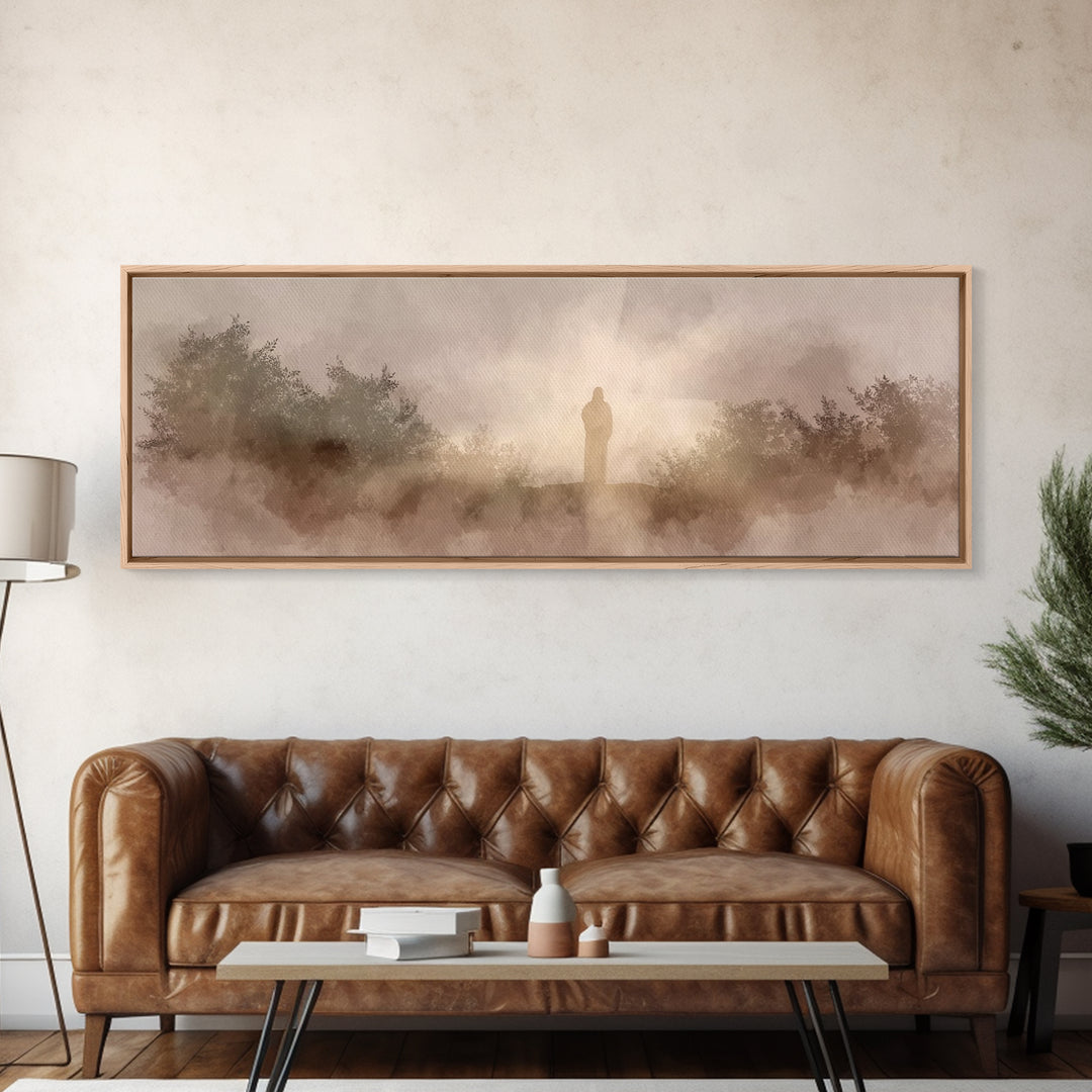 Hillside Redeemer, Framed Canvas Print, Christian Art, Jesus Wall Art, Panoramic Painting, Christian Christmas Art