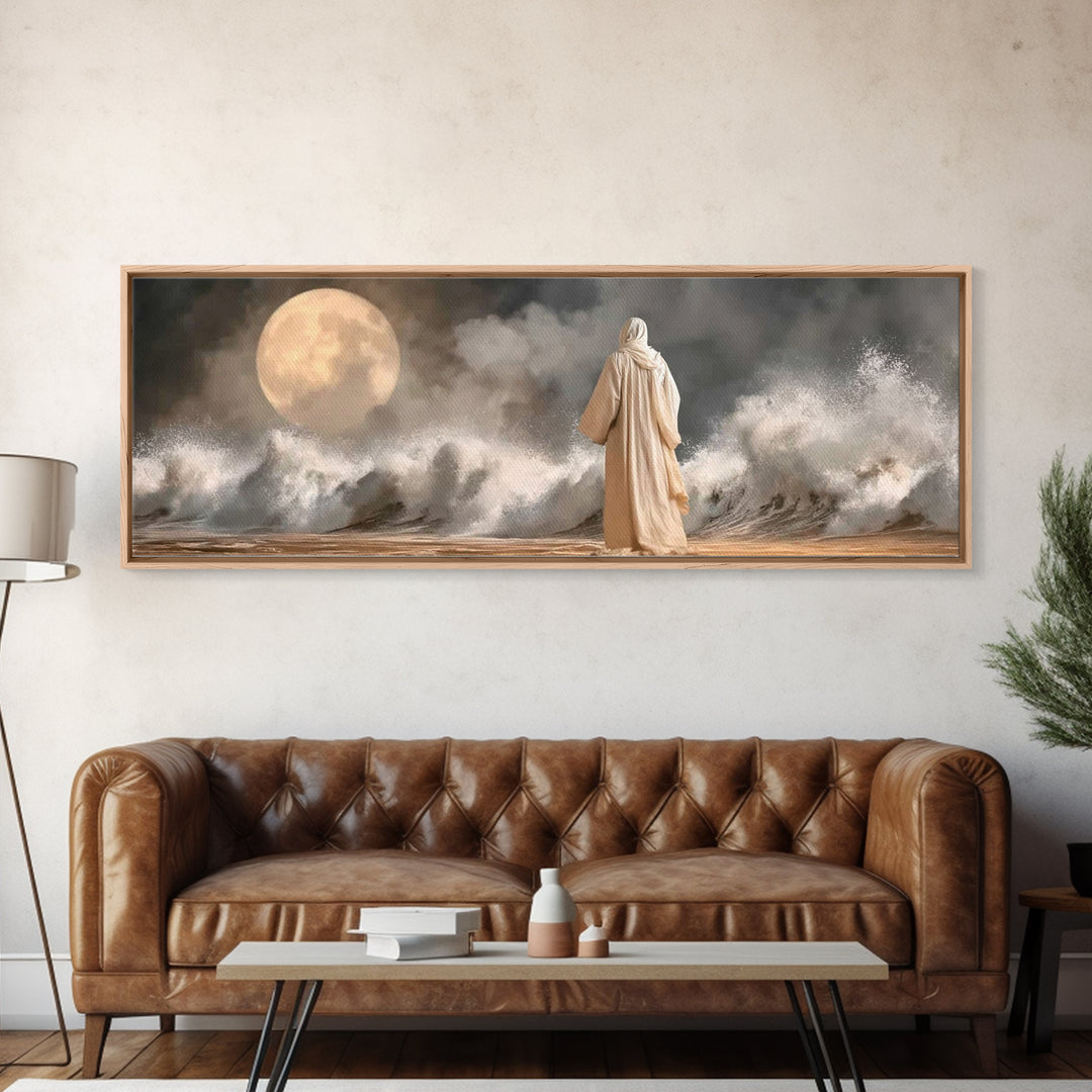 Moonlit Sea Grace | Framed Canvas Print | Panoramic Painting | Christian Wall Art | Jesus Canvas Art | Christian Art Print | Christian Deco