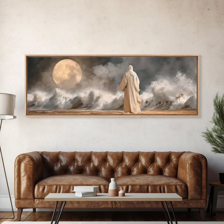 Moonlit Sea Grace | Framed Canvas Print | Panoramic Painting | Christian Wall Art | Jesus Canvas Art | Christian Art Print | Christian Deco