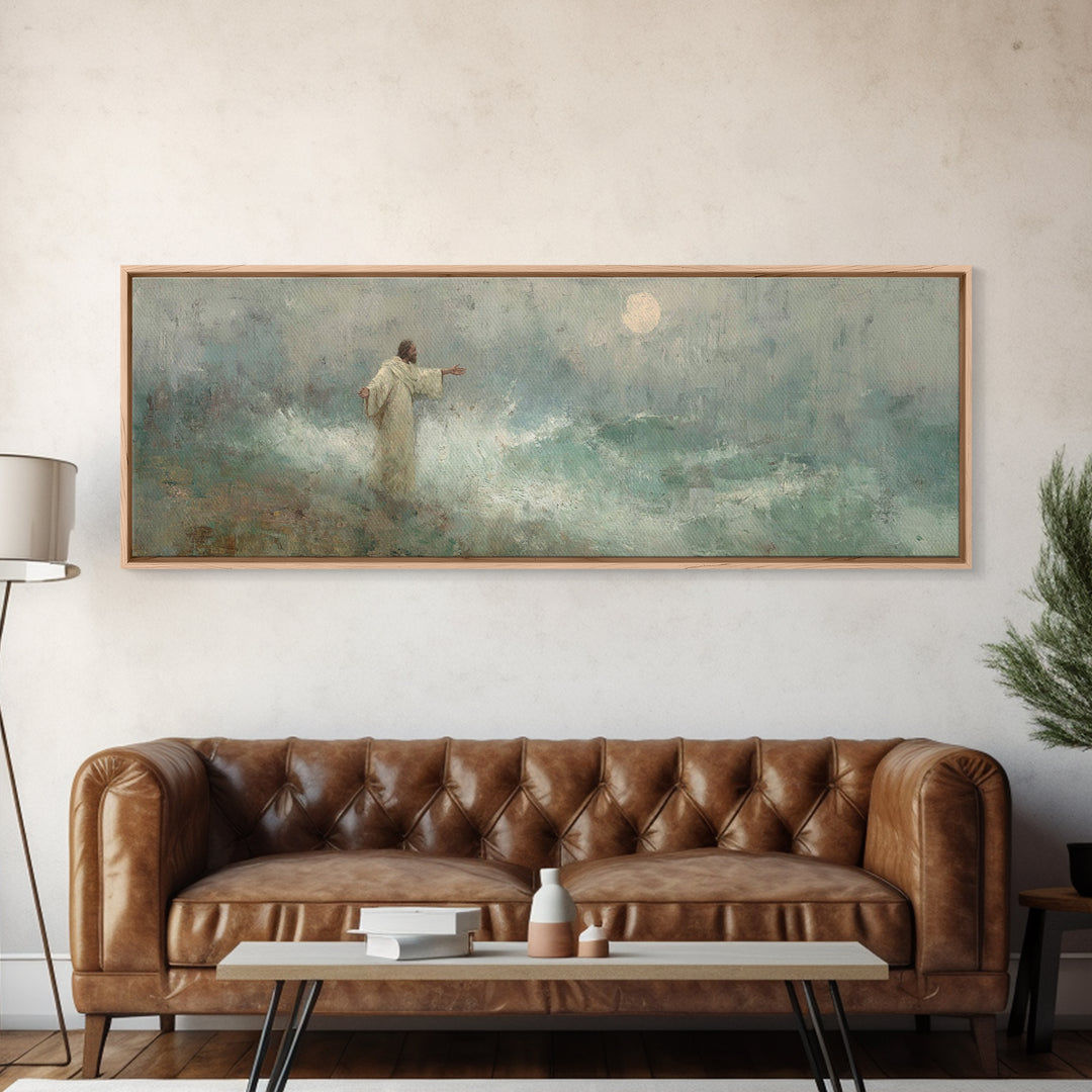 Ocean Of Peace, Framed Canvas Print, Jesus Painting, Christian Wall Art, Panoramic Print, Christian Art Canvas, Christian Christmas Art
