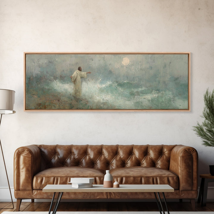 Ocean Of Peace, Framed Canvas Print, Jesus Painting, Christian Wall Art, Panoramic Print, Christian Art Canvas, Christian Christmas Art