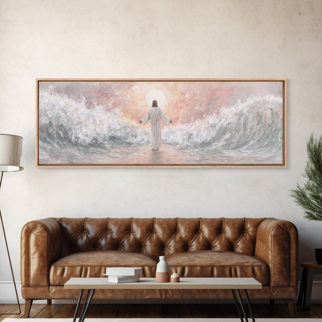 Morning Tide Mercy | Framed Canvas Print | Christian Art | Jesus Painting | Panoramic Frame | Christian Wall Art | Modern Christian Art
