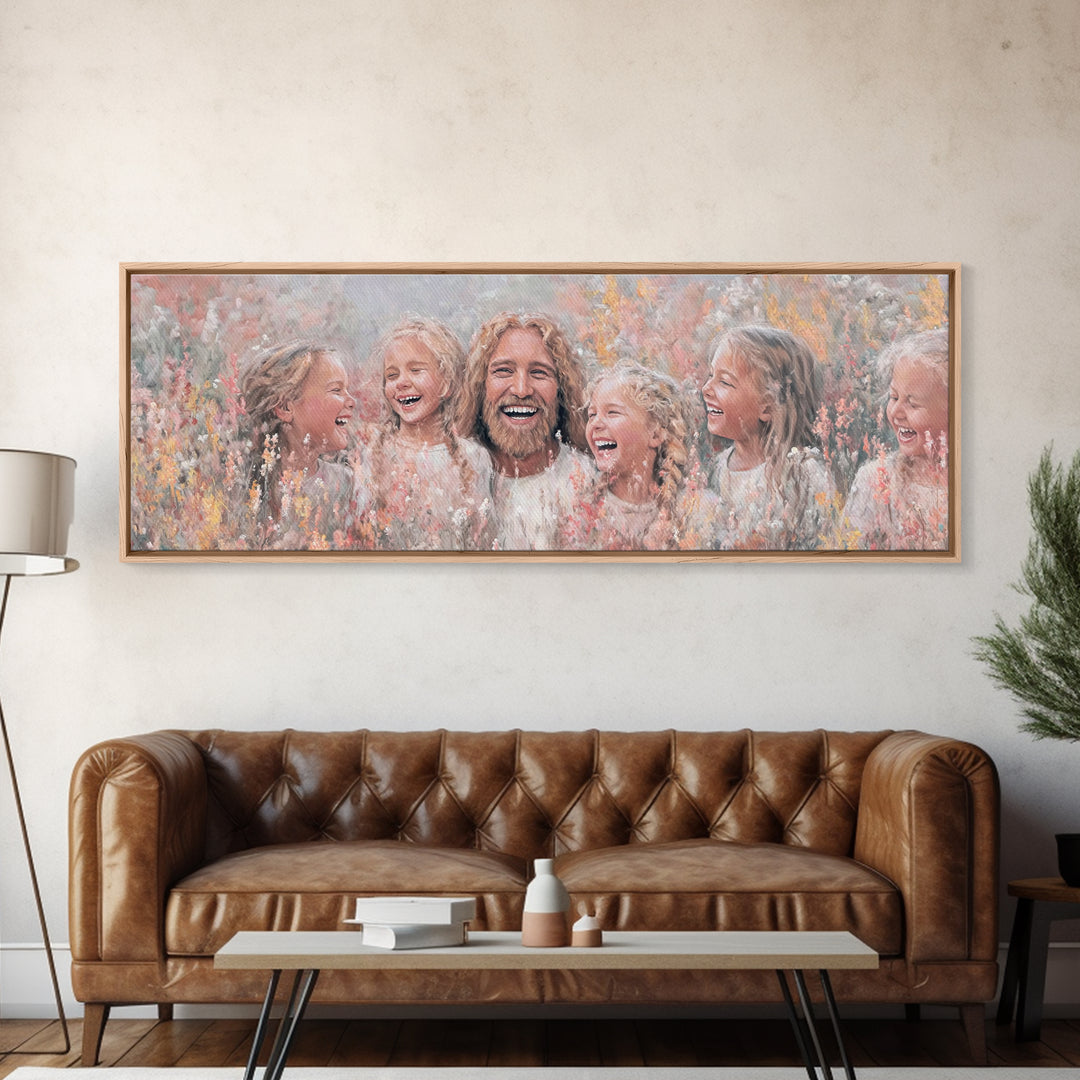 Fields Of Delight, Framed Canvas Print, Christian Art Canvas, Panoramic Wall Art, Jesus Painting, Christian Decorations, Modern Christian A