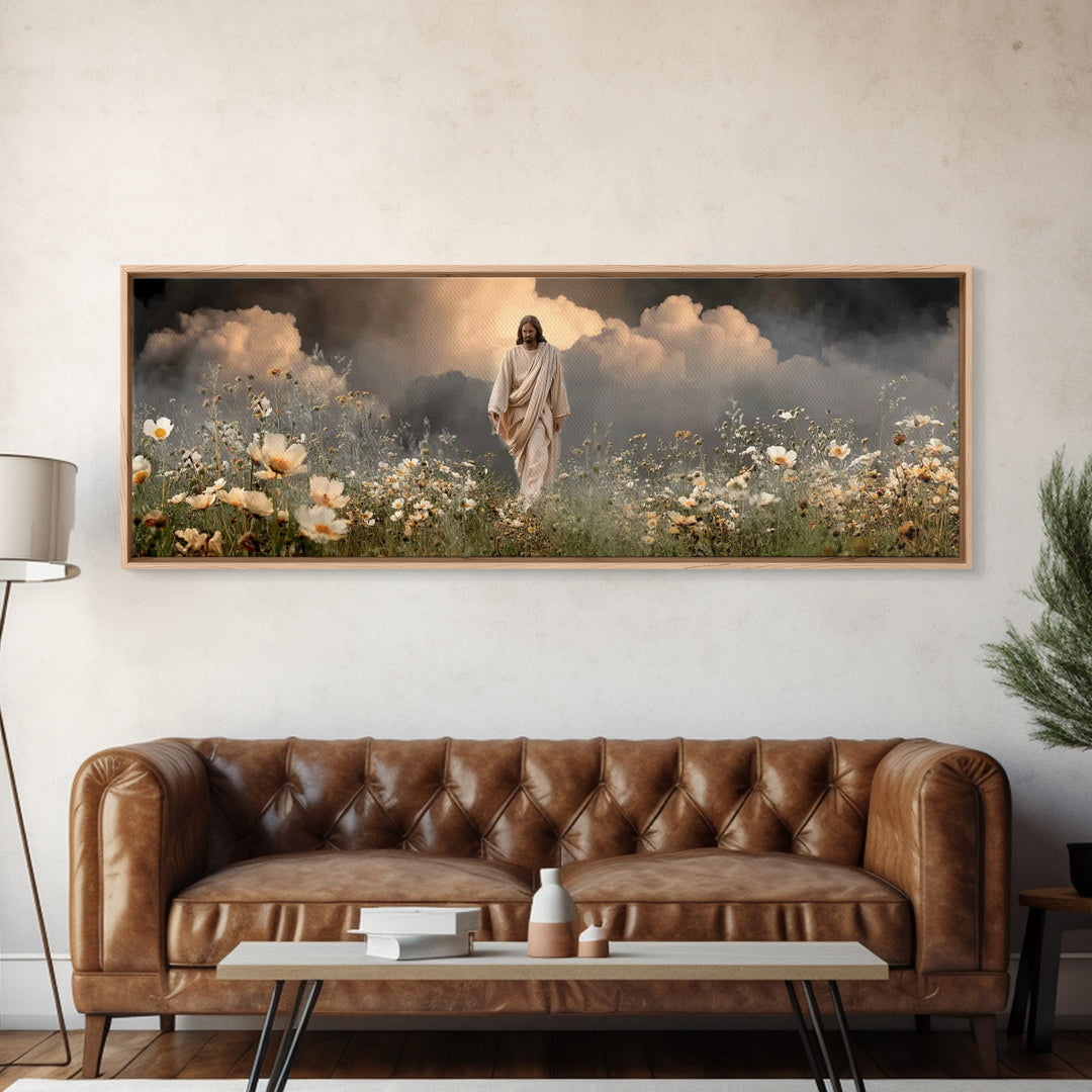 Dawn Of Mercy, Framed Canvas Print, Panoramic Frame, Jesus Painting, Christian Art Canvas, Christian Wall Art, Minimalist Christian Art, Ch