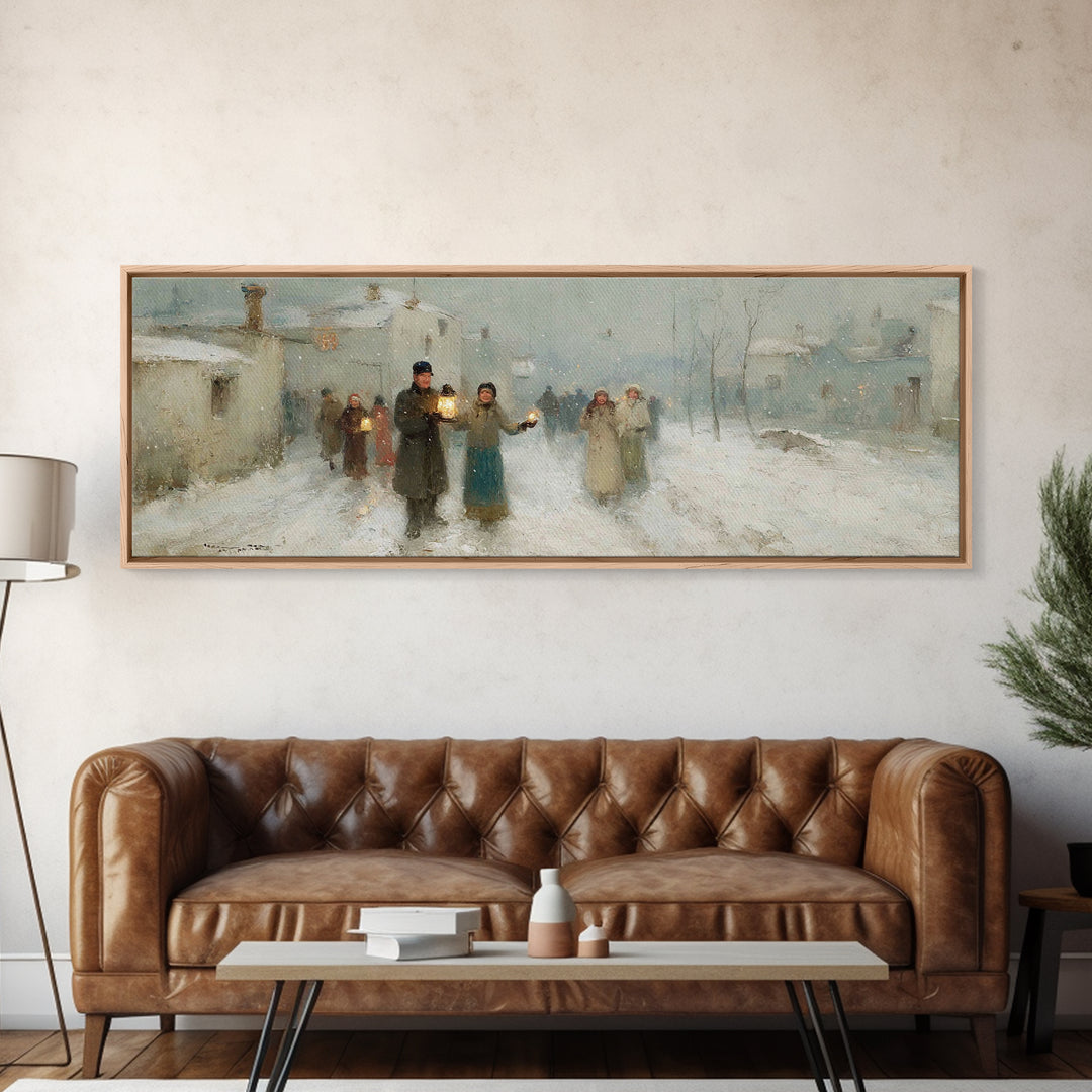 Snow Village Hope, Framed Canvas Print, Panoramic Print, Christian Wall Art, Christian Art Canvas, Christmas Art, Christian Christmas Art