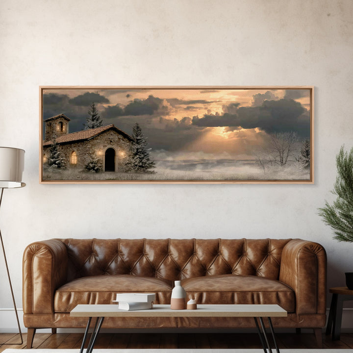 Chapel At Dawn | Framed Canvas Print | Panoramic Wall Art | Christian Art Canvas | Christian Wall Art | Christian Decor | Christmas Art