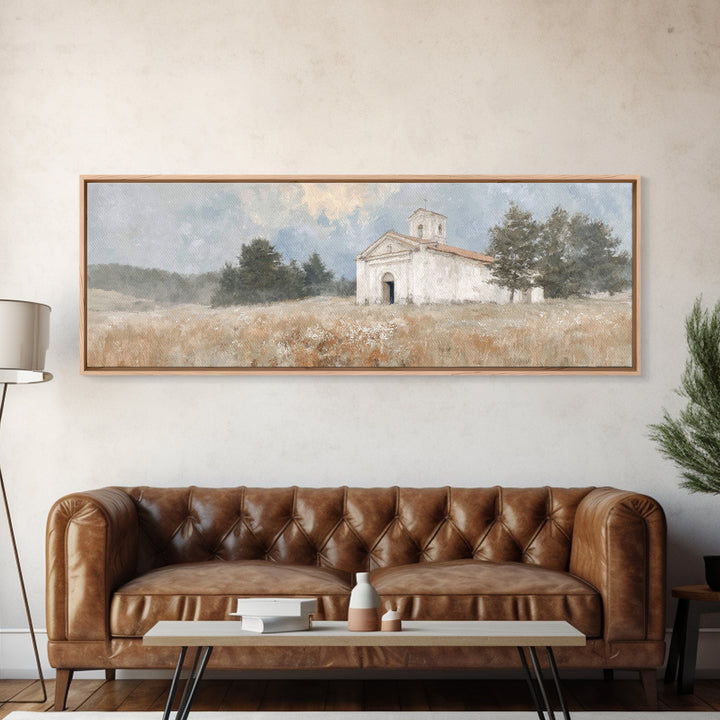 Hillside Parish Light – Framed Canvas Print – Panoramic Painting – Christian Art Canvas – Christian Wall Art – Christian Decor – Christmas