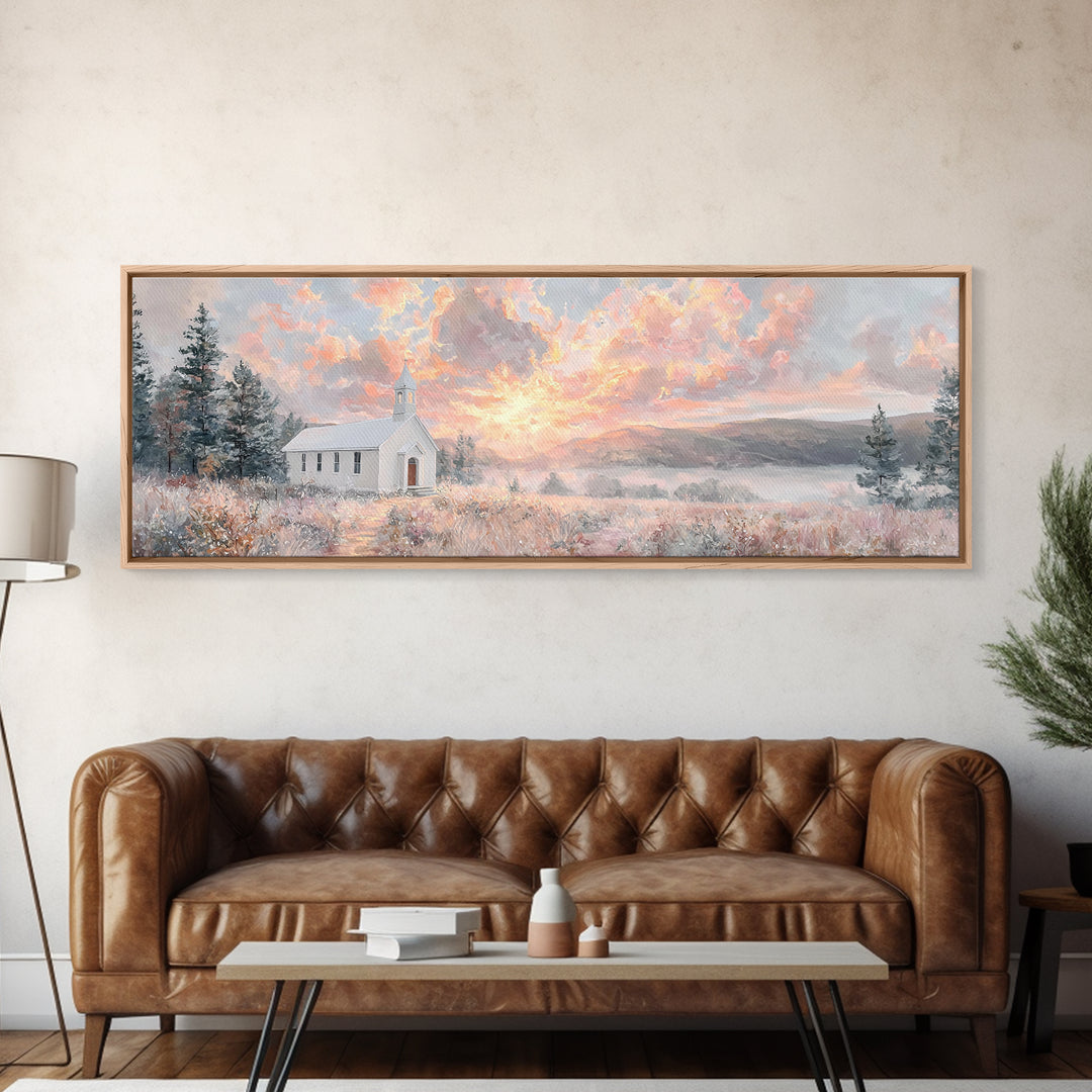 Morning Glory Chapel, Framed Canvas Print, Extra Wide Art, Christian Wall Art, Christian Christmas Art, Christian Art Canvas, Christmas Art