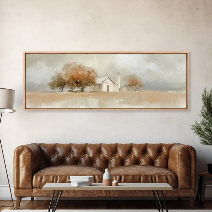 Autumn Church Peace | Framed Canvas Print | Panoramic Art | Christian Wall Art | Christian Art Canvas | Christian Decor | Christmas Art