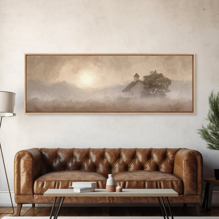 Rustic Chapel Mist – Framed Canvas Print – Panoramic Frame – Christian Art Canvas – Christian Wall Art – Christian Christmas Art – Christia