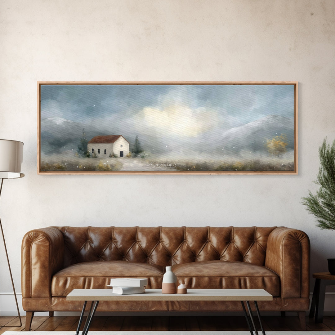 Valley Church Calm, Framed Canvas Print, Panoramic Painting, Christian Art Canvas, Christian Decor, Christian Christmas Art, Christian Wall