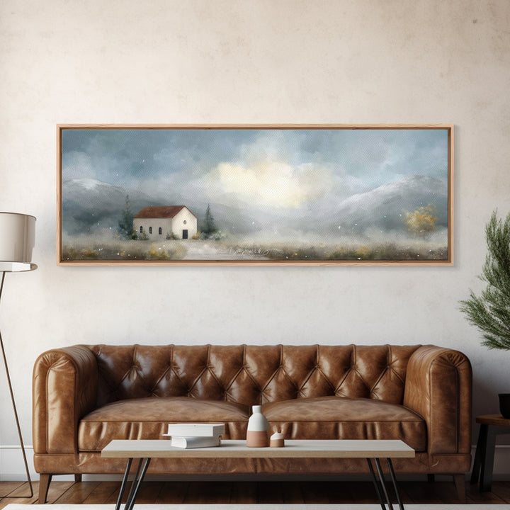 Valley Church Calm, Framed Canvas Print, Panoramic Painting, Christian Art Canvas, Christian Decor, Christian Christmas Art, Christian Wall