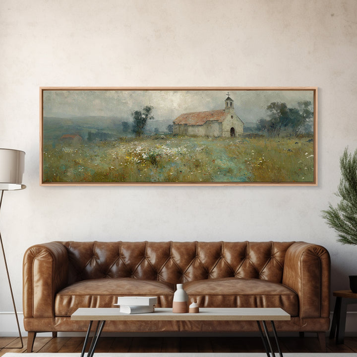 Fieldside Chapel Grace | Framed Canvas Print | Panoramic Wall Art | Christian Art Canvas | Christian Decor | Christian Art | Christmas Art